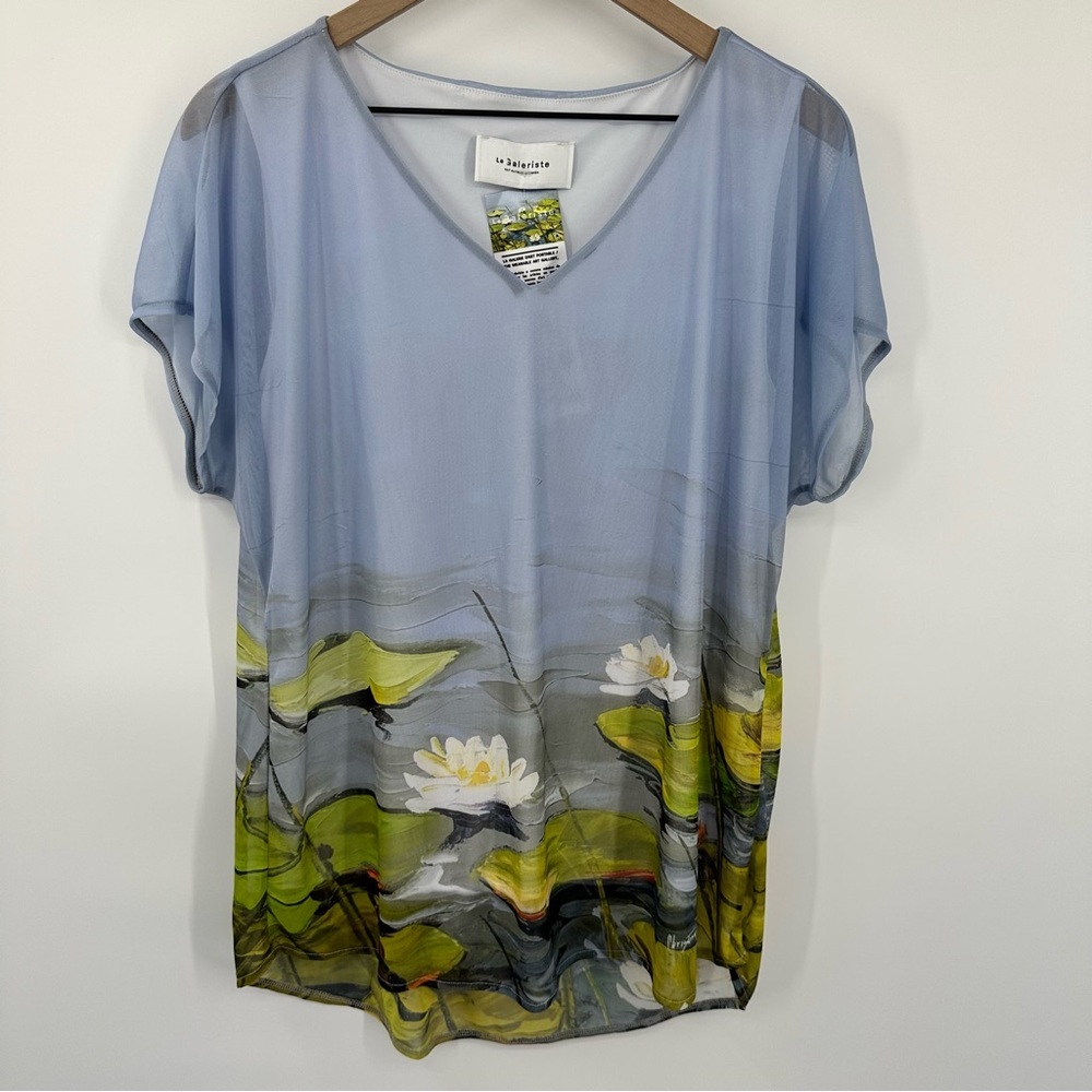 NEW Le Galeriste Blue‎ Floral Blouse Tunic Christian Bergeron Women's Large Art